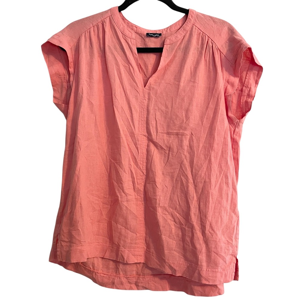 Splendid‎ Linen Blend Top V-Neck Short Sleeve Casual Blouse Coral Size S Natural